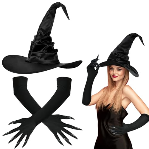 DIELIANHUA 2 Stück Hexenhut & Handschuhe mit Langen Nägeln Set, Faltbarer Hexenmütze und 45CM Halloween Lange Fingernägel Handschuh, Hexen Zubehör für Halloween, Karneval, Cosplay, Maskerade