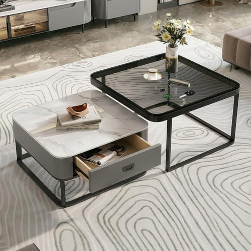 Nesting Coffee Table Set of 2, 2-in-1 Marble Coffee Tables with Drawer, Stacking Sofa Side End Table with Tempered Glass Tabletop for Living Room, Bedroom, Office, Balcony, Apartment,Grey Square