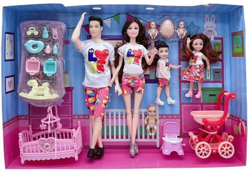 Otbushit Ensemble de 5 poupées familiales Enceintes à articulations Mobiles, avec bébé dans Le Ventre, Papa et 2 Enfants, pour l'éducation et Les Accessoires de Maison poupée