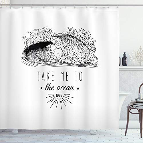 ABAKUHAUS Strand-Zitat Duschvorhang, 1986 Ocean Surf Wellen, Stoffliches Gewebe Badezimmerdekorationsset mit Haken, 175 x 220 cm, Schwarz und weiß
