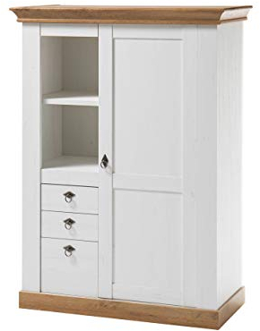 Newfurn Vitrine Vitrinenschrank Landhaus Holzvitrine II 102x139x 44 cm (BxHxT) II [Malte.Seven] in Pinie Weiß/Pinie Weiß Wohnzimmer Schlafzimmer Esszimmer Flur Diele