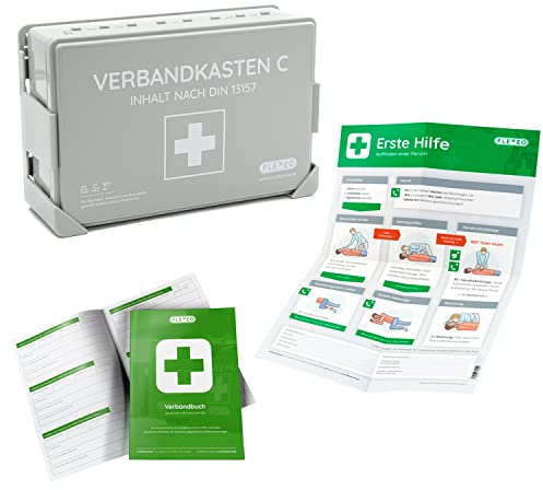 Betriebsverbandkasten C grau nach neuer DIN 13157:2021 mit Wandhalterung - gemäß ASR - Verbandskasten - Erste-Hilfe-Kasten - Verbandkasten (Komplettpaket Basic)