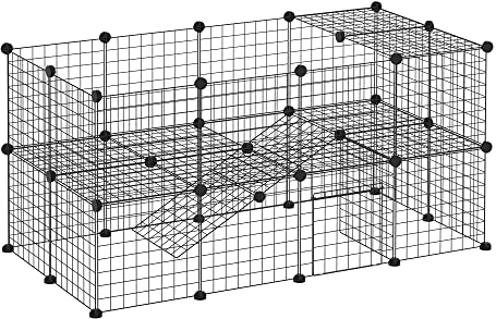 Pawhut Cage Parc enclos pour Animaux domestiques L 146 x l 73 x H 73 cm modulable 2 Niveaux 36 Panneaux Bords arrondis Fil métallique Noir