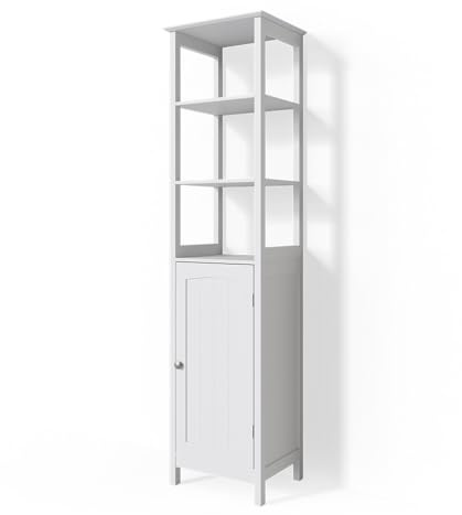 Vicco Hochschrank Bianco, Weiß 40 x 160 cm | 1 Tür · 5 Ablagefächer · Offener & geschlossener Stauraum · Für Handtücher & Badutensilien · Viel Stauraum in der Höhe