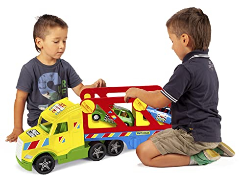 Wader 36360 - Magic Truck Autotransporter mit 2 Fahrzeugen und Abfahrrampen, ab 3 Jahren, ca. 79 cm, ideal als Geschenk für kreatives Spielen