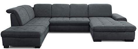 CAVADORE U-Form Lexi mit XXL-Longchair / Inkl. Bett, Stauraum und Kopfteilfunktion / Leichte Fleckenentfernung dank Soft Clean / 329 x 82-99 x 224 / Flachgewebe: Dunkelgrau