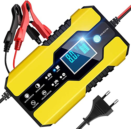 BURNNOVE Chargeur de Batterie Auto Intelligent 8A 12V/24V Batterie Mainteneur Portable avec Automatique Réparation Fonction Multi Protections Affichage LED pour Voiture Moto ou Bateaux etc. (Jaune)