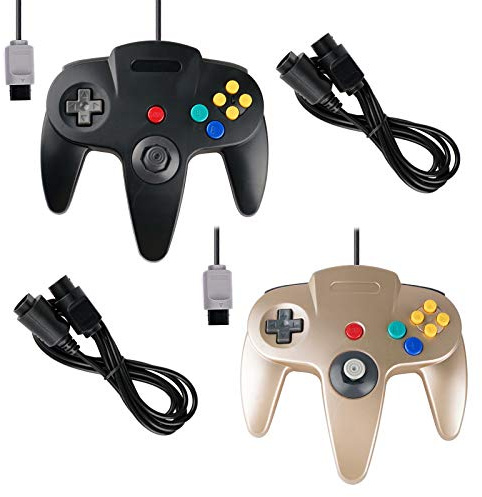AreMe 2 Pack Classic Retro Wired Controller with Extension Cable for N64 System (Black+Gold)
