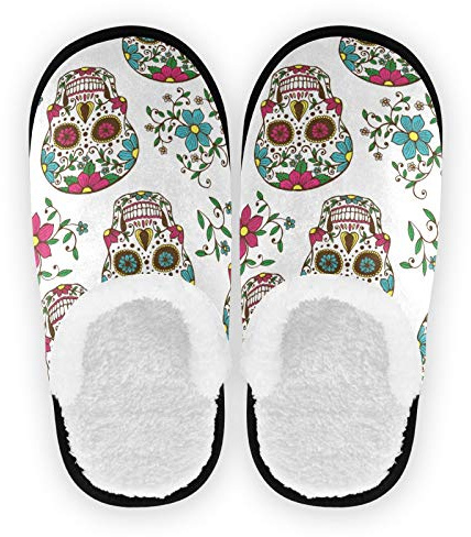 Mnsruu Pantoufles antidérapantes en coton avec imprimé floral et tête de mort - Pour la maison, l'hôtel, le spa, la chambre à coucher, les voyages - M pour homme et femme