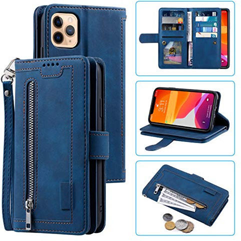 EYZUTAK Wallet Case for iPhone 12 iPhone 12 Pro 6.1 inch, Retro Matte 9 Card Holder Slots Zipper Pocket Case PU Leather Magnetic Closure Kickstand with Wrist Strap Folio Flip Case - Blue
