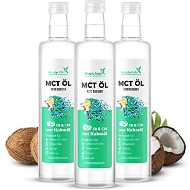 Simply Keto MCT Öl (3x500ml) - Keto Booster aus 100% Kokosöl - 70% Caprylsäure C8 und 30% Caprinsäure C10 - Vegan & Palmölfrei - Optimal für ketogene Ernährung & Bulletproof Coffee - 3x500ml