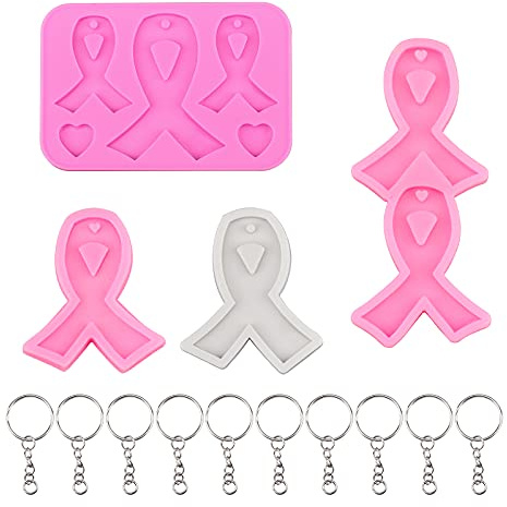 WANDIC Octobre Rose Moules, Moule en Silicone Ruban Rose de Sensibilisation au Cancer du Sein avec 10 PCS Porte-clés pour Collier Pendentif, Boucles d'oreilles Accessoires ​