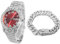 Halukakah Diamant Golduhr, Herren Platin Weiß Vergoldet 42MM Breite Rot Wählen Quarz Armband 24cm mit Kubanischer Link Kette 20cm Armband Set, mit Geschenkbox