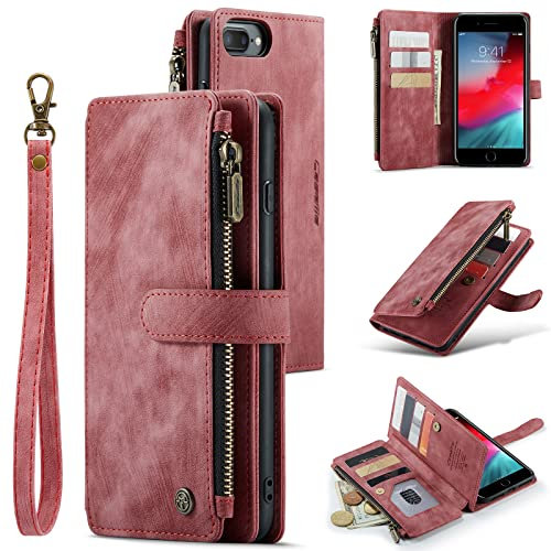 UEEBAI Wallet Case for iPhone 7 Plus/iPhone 8 Plus, Premium Handmade PU Leather Phone Case Card Slots Magnetic Closure Zipper Pocket Kickstand Flip Case with Hand Strap - Vintage Red