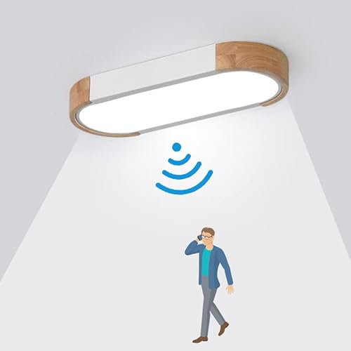 LED Wood Ceiling Light Modern Indoor Motion Sensor Ceiling Light Hallway Ceiling Lamp with Daylight Sensor 12W Ceiling Lighting for Porch Stairway Warehouse Garage Cellar Basement 6500K Daylight White
