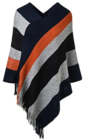 Ferand dam vardaglig randig poncho-tröja mångsidig frans sjal för höst vinter, Marinblå och svart, one size