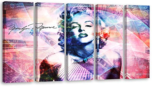 Feeby 5-teilig Vlies Leinwandbild 200x80 cm Abstrakt Porträt Marilyn Monroe Wand Bild Kunstdruck Deko Wohnzimmer Wohnungs Deko Schauspielerin Ikone Popkultur Rosa