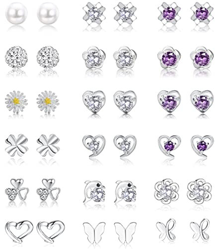YADOCA 18 Paar 925 Sterling Silver Ohrstecker Set für Damen Mädchen Zirkonia Ohrring Perle Kristall Runde Herzform CZ Blume Schmetterling Ohrringe Kinder Kleine Knorpel Ohrstecker