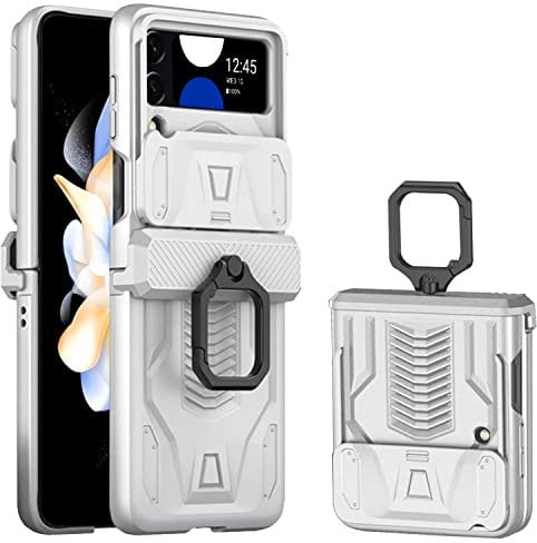 Miimall for Samsung Galaxy Z Flip 4 Case with Magnetic Hinge Cover, [Slide Lens Protector] [Ring Holder] Hard PC Anti-drop Ultra-thin Full Coverage Bumper Protective Cover for Galaxy Z Flip 4-Silver