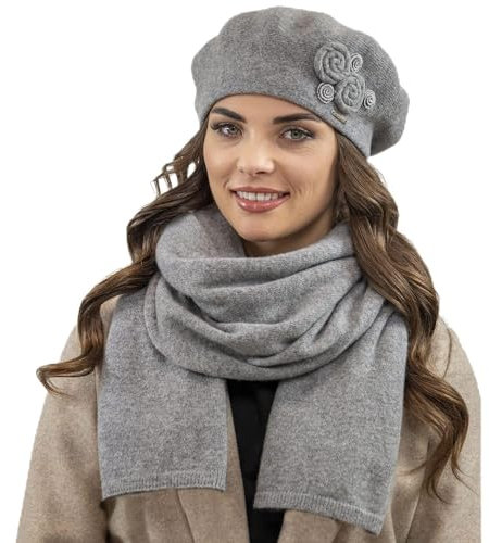 VIVISENCE Elegantes Damen Winter Set Aus Baskenmütze Und Langem Schal Aus Wärmendem Wollgarn Perfekte Passform Für Kalte Wintertage Ideal Für Elegante Und Sportliche Outfits, Hellgrau,Einheitsgröße