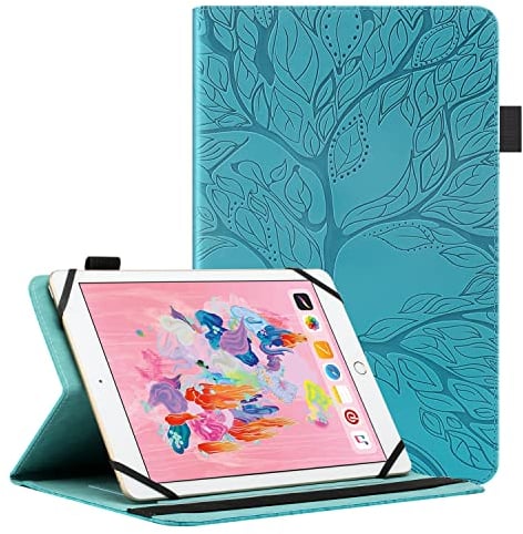 Vkooer Universal Schutzhülle für 9.5-10.5 Zoll Tablet, Kunstleder Multi-Winkel Folio Stand Universal Case Hülle für 9,7'' 10.1'' 10.2'' 10.3'' 10.4'' 10.5'' Tablet, Baum des Lebens Türkis