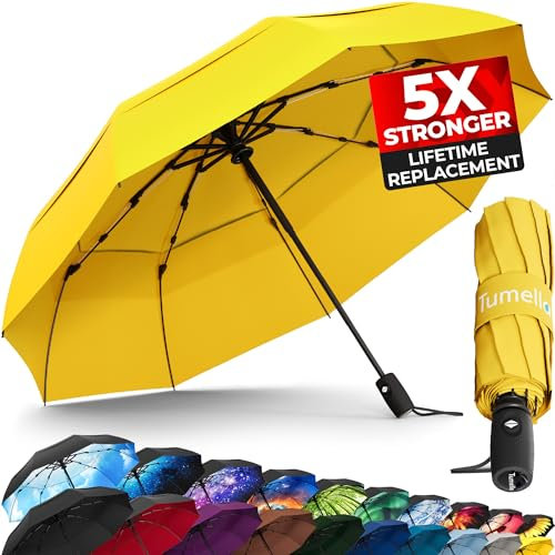 TUMELLA Strongest Windproof Travel Umbrella (Compact, Superior & Beautiful), Small Strong but Light Portable and Automatic Folding Rain Umbrella, Durable Premium Grip, Fits Car & Backpack Yellow