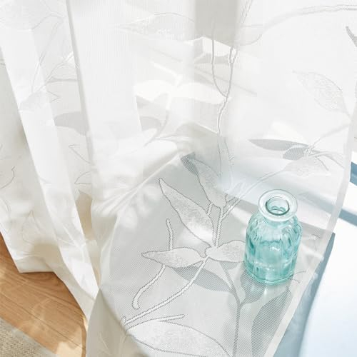 Treatmentex Durchsichtig Spitze Vorhang Jacquard Gardinen mit Ösen Blättermuster Halbtransparente Vorhänge Vintage Dekoschal Ösenvorhänge für Schlafzimmer Wohnzimmer, Weiß, 2 Stücke,140×180CM(B×H)