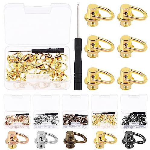Glarks Kit di 41 rivetti ad anello a D dorati, bottoni a testa sferica in metallo, rivetti rotondi girevoli con cacciavite per borse, cinture, artigianato in pelle fai da te
