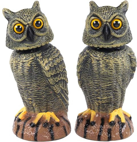 Hausse Lot de 2 fausses sculptures d'épouvantail en forme de hibou, tête rotative dorée de 27,6 cm de hauteur, en plastique, répulsif pour extérieur, jardin, cour