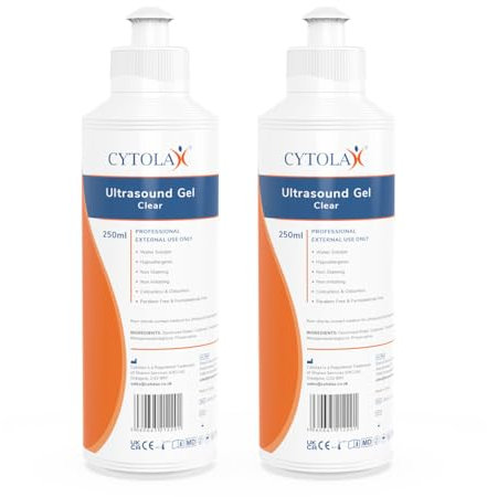 2X 250ml Cytolax Ultrasound Gel, Thick Clear | Conductive High Viscosity Clear Transmission Gel | Doppler Machine | Hypoallergenic Non Irritating Non Staining, UKCA CE Certified