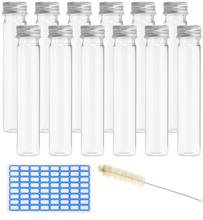 PATIKIL 65ml Reagenzglas Set 24Stk 6x1 Kunststoff Klare Flache Grund Reagenzglas Behälter Mit Etiketten Für Perlen Party Süßigkeiten Badesalz Lagerung Pflanzenvermehrung Silber Kappe