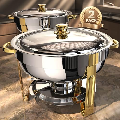 Chafing Dishes for Buffet 2 Pack, 6QT [Worry-Free Assemble] Round Chafing Dish Buffet Set [Elegant Gold and Silver Colors] Stainless Steel Chafers and Buffet Warmers Sets for Parties with Complete Set