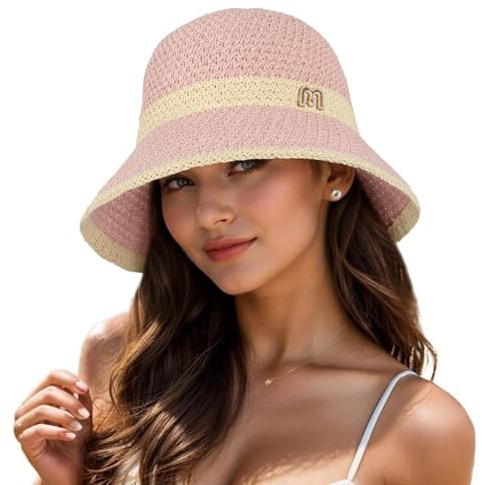 Women Straw Sun Hat - Summer Wide Brim Summer UV Protection Beach Hat Foldable Packable Crochet Bucket Hat for Outdoor Travel Pink