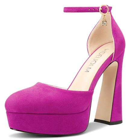 HDEUOLM Mujer Chunky Ancho Alto High Plataforma Heel Redonda Punta Pumps Correa Tobillo Cierre con Hebilla Fiesta Cute 13.5 CM Heels Fucsia 41 EU