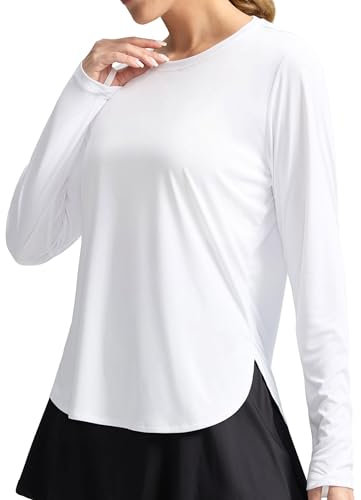 PINSPARK Damen Sportshirt UPF 50+ Sonnenschutz Shirt Fitness Sport T-Shirt Langarm Rundhalsausschnitt Rash Guard Atmungsaktiv Athletisch Laufen Top Fitness Oberteil Weiß XXL