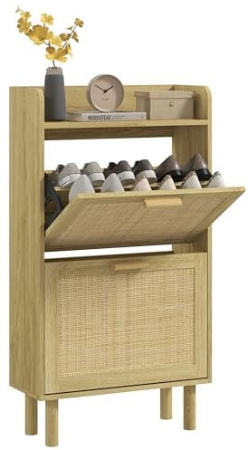 HOMCOM Meuble à Chaussures étagère à Chaussures Armoire 2 Portes abattants 12 Paires, Effet rotin tissé Design bohème - dim. 80L x 24,5l x 110H cm Naturel