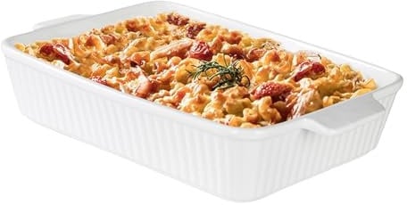 AHAQU 3000ml Ceramic Baking Dish, 38x23cm Rectangular Lasagna Pan with Handle, Porcelain Casserole Dish for Oven, Large Nonstick Ceramic Bakeware- White