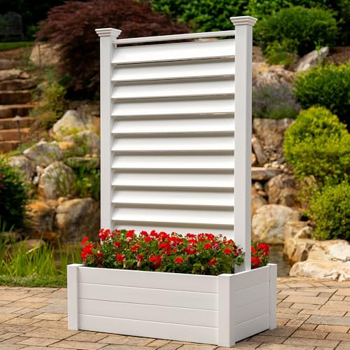 Enclo Privacy Screens 6ft H Outdoor Freestanding 1 Privacy Fence Screen Panel with Planter Box for Deck, Yard, Pool, or Patio, Vinyl Raised Garden Bed for Plants or Flowers, Lexington EC18039