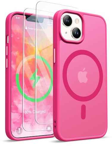 ORETECH Magnetica Opaca Cover per iPhone 14,Custodia iPhone 13 con 2X Vetro Temperato per Cellulare Protettiva Antiurto Protezione Militare Custodia per iPhone 14/13-Rosa Caldo
