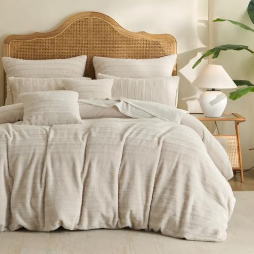 Covebett Bettwäsche Winter Plüsch 135x200 Beige Gestreift Flanell Warme Weich Cashmere Touch Winterbettwäsche Flauschig Fleece Bettbezug mit Reißverschluss und 1 Kissenbezug 80x80