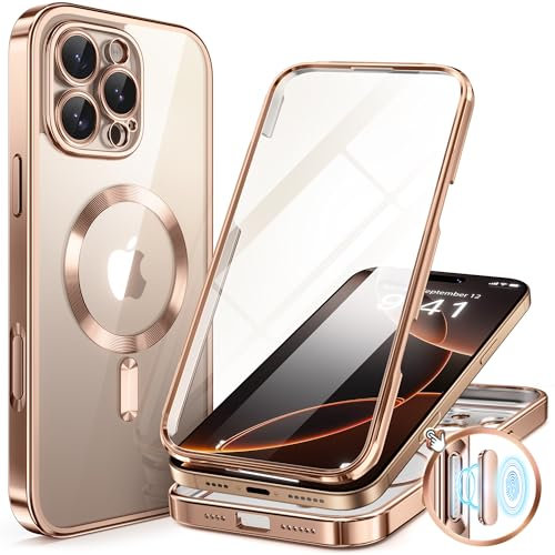 BERFY Magnetic for iPhone 16 Pro Max Case, Compatible with MagSafe, [Built-in 9H Tempered Glass Screen Protector & Upgraded Camera Protection] Full Body Plating Phone case for 16 Pro Max，Desert Gold