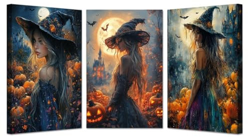 JOSUE 3 Stück Orange, grau Halloween Decor LeinwäNde Groß Xxl Bilder, Hexe Kürbis Poster HeimbüRo Wohnzimmer Schlafzimmer Badezimmer Wanddeko-60x80cmx3 Gerahmt