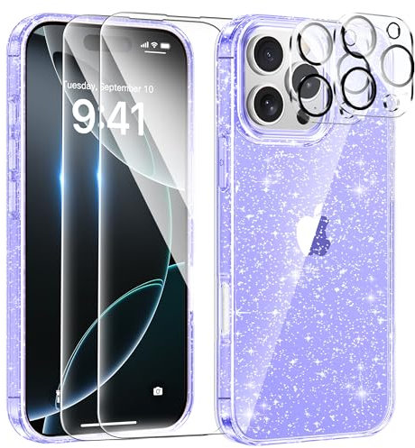 AROYI 5 in 1 Clear Glitter Case Compatible with iPhone 16 Pro Case with 2 Screen Protector and 2 Camera Lens Protector, Soft Bumper Sparkle Bling Women Girls Phone Case for 16 Pro 6.3, Purple
