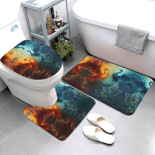 Novastar Lot de 3 tapis de salle de bain lavables en forme de U pour abattant de toilettes, tapis de douche doux et absorbant, motif paon rouge et bleu
