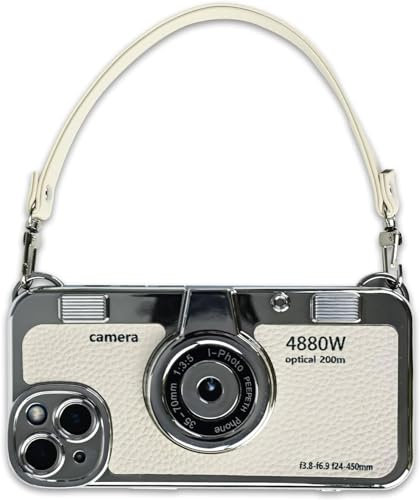 Mscomft Classic Emily in Paris Phone Case,2023 New Vintage Camera Design Case That Looks Like a Camera,for iPhone 14 Camera Phone Leather Bracelet Sling Cover case (White, for iPhone 16)