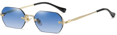 qinqilanqi-S Rahmenlose Achteckige Sonnenbrille | Metall Retro | UV400 | Etwa 20g Leichtgewicht Damen Herren(Gold/Farbverlauf Tiefblau)