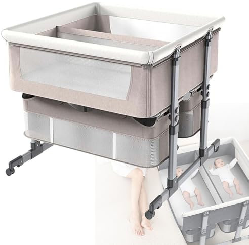 Babybett für Zwillinge, Baby-Beistellbett, Kinderbett mit Aufbewahrungskorb, tragbares Babybett mit Stubenwagen, 6-Fach höhenverstellbarer Nachttisch gegen Erbrechen für Babys,Khaki