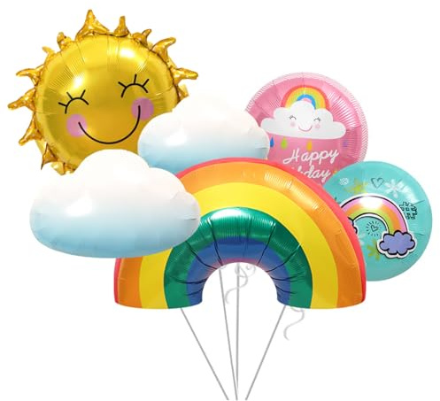 KOBOKO Regenbogen Deko Ballons Geburtstag, 6 Stk Sonne Wolken Folienballon Geburtstag, Regenbogen Luftballons Deko Kindergeburtstag, Wolken Babyparty Luftballons, Sonne Helium Ballons Baby Shower Deko