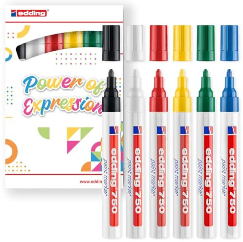 edding 750 gloss paint marker - basic colours - 6 paint markers - round tip 2-4 mm - paint pen for glass, pebbles, wood, plastic, paper - waterproof, high coverage