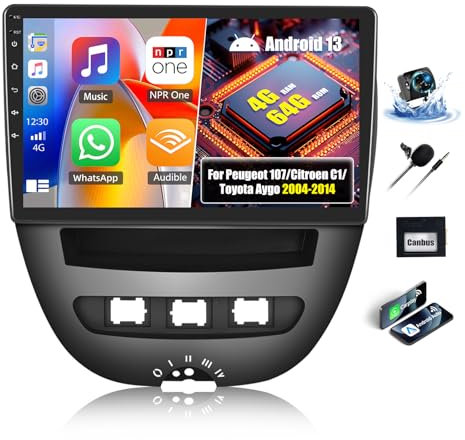OiLiehu 4+64G 4 Kern Android 13 Doppel Din Radio CarPlay Android Auto für Peugeot 107/Citroen C1/Toyota Aygo 2004-2014 Autoradio Mit Bildschirm 10.1 Zoll mit Mirror Link Bluetooth FM RDS GPS WiFi